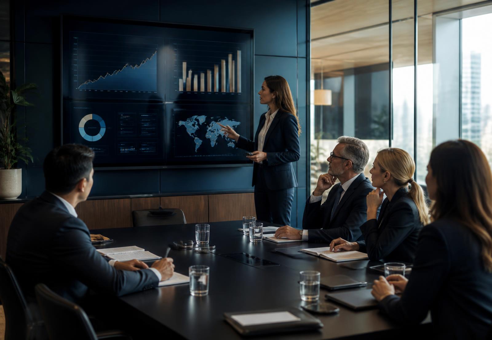 Executive team reviewing operational performance dashboards